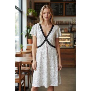 White Polka Dot Dress With Black Lace Trim V-Neck Short Flutter Sleeves Size Tal